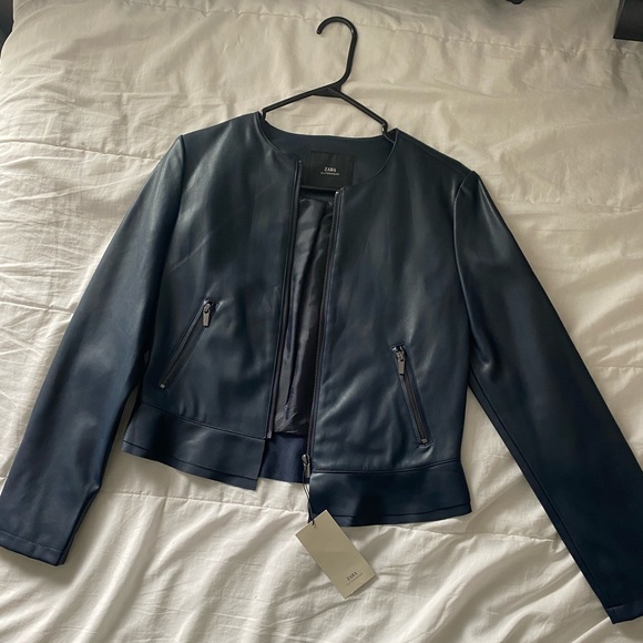 Zara Jackets & Blazers - Navy leather bomber jacket